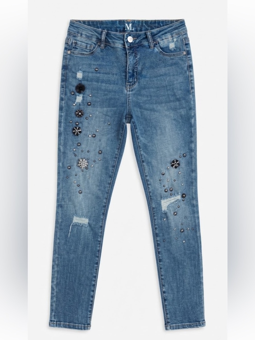 Melanie Lyne Embellished Distressed Skinny Jeans Sz 2 Rhinestone Beaded Sequin